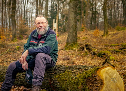 Ein Förster sitzt auf einem gefällten Baumstamm im herbstlichen Wald. Er trägt grüne Jacke, lila Hose und ruht sich aus oder beobachtet die Umgebung zwischen kahlen Bäumen und Laub.