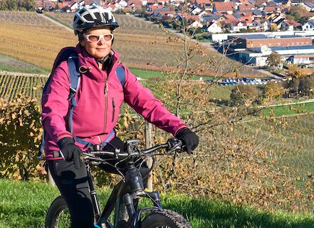 Einen Fahrradfahrerin auf einem gepflasterten Weg durch einen Weinberg. Sie trägt eine pinke Jacke und einen Helm. Im Hintergrund sind Reihen von Weinreben mit Herbstlaub zu sehen.