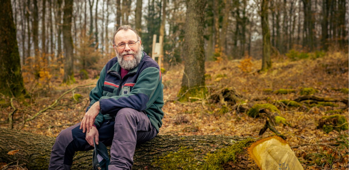 Ein Förster sitzt auf einem gefällten Baumstamm im herbstlichen Wald. Er trägt grüne Jacke, lila Hose und ruht sich aus oder beobachtet die Umgebung zwischen kahlen Bäumen und Laub.