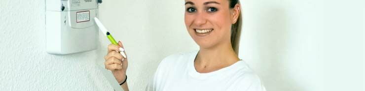 Mitarbeiterin Michèle Hellmeister der Rheinhessische Energie- und Wasserversorung zeigt den Stromzähler