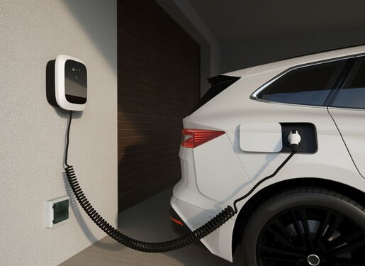 Das Bild zeigt ein weißes Elektroauto, das an einer modernen Wallbox geladen wird. Das Fahrzeug steht in einem gepflegten Stellplatz oder einer Garage. Ein schwarzes Ladekabel verbindet die Ladestation mit der Ladebuchse. Die Szene vermittelt moderne, kom