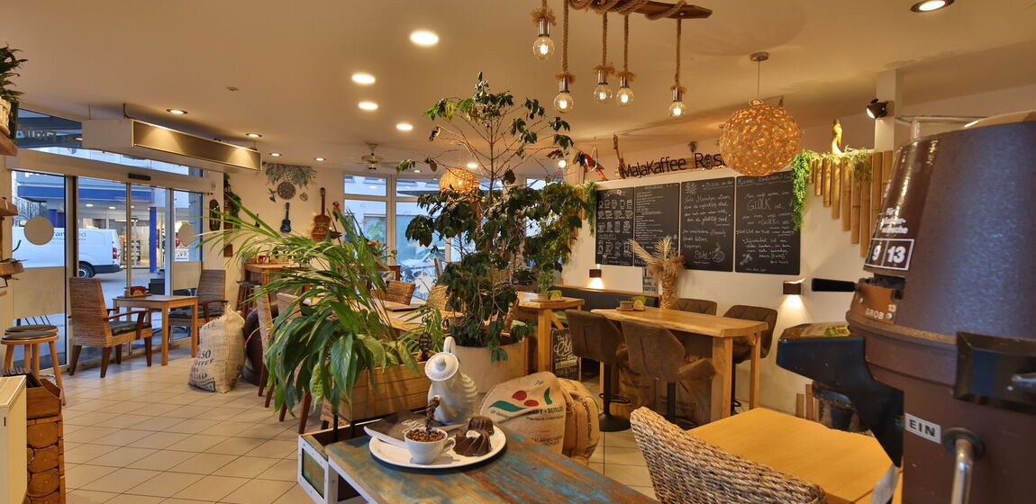 Man sieht das Maja Kaffee in Ingelheim MItte von innen. Zu sehen sind Pflanzen, ein Holztisch, Stühle und beschriebene Tafeln.