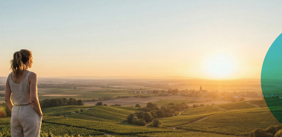 Das Motiv zeigt eine Dame, die in den Sonnenuntergang über Rheinhessen blickt. Sie trägt ein sommerliches beigefarbenes Outfit und blickt in das grüne Tal.