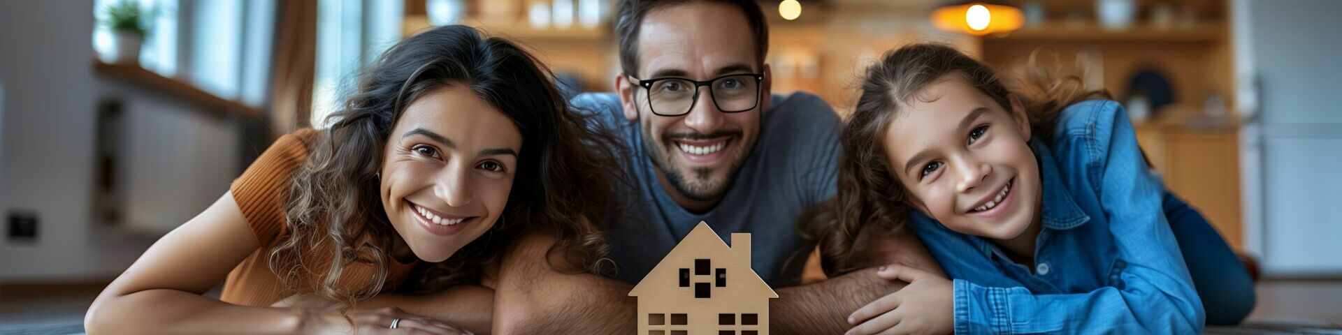Das Bild zeigt drei Personen, die lachend auf einem Teppich liegen. Vor ihnen steht ein kleines Holzhausmodell.