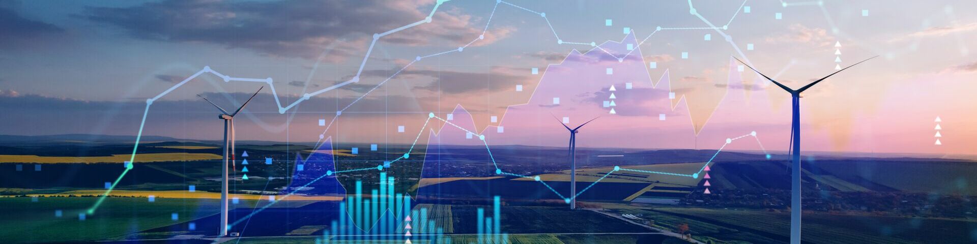 Das Bild zeigt eine Landschaft mit Windturbinen auf einem Feld unter einem teilweise bewölkten Himmel. Über das Bild sind verschiedene grafische Elemente gelegt, darunter Liniendiagramme und Balkendiagramme.