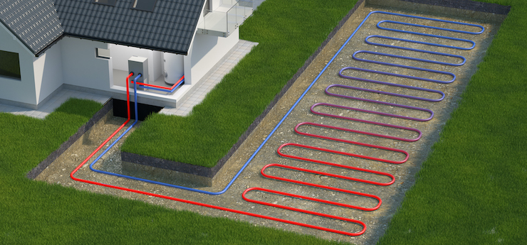 Ein Haus mit einem geothermischen Heizsystem. Die Rohre sind in einer Reihe von Schleifen in einem Graben neben dem Haus verlegt.