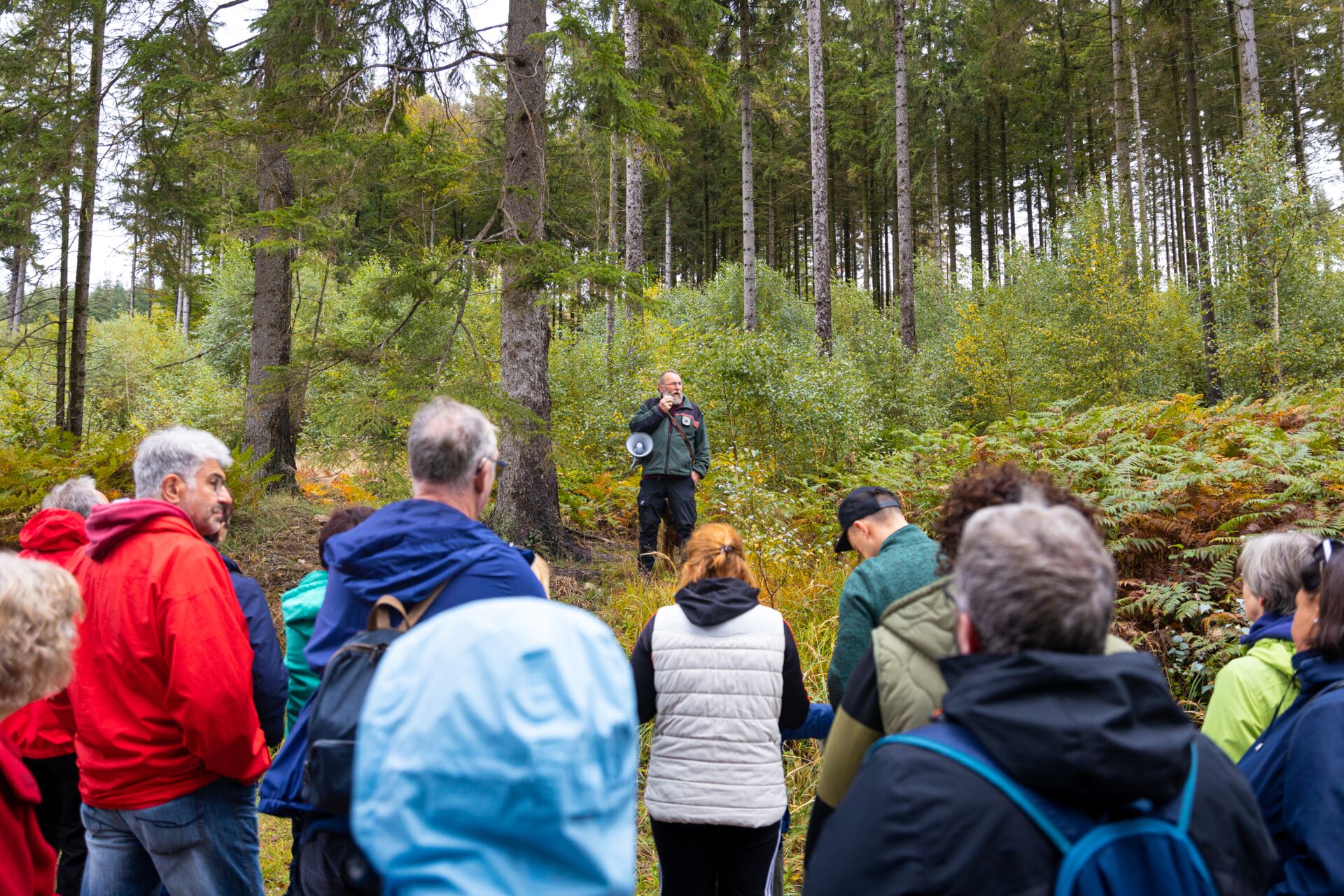 Florian Diehl erklärt eine Gruppe von Menschen, die vor ihm stehen den Wald.