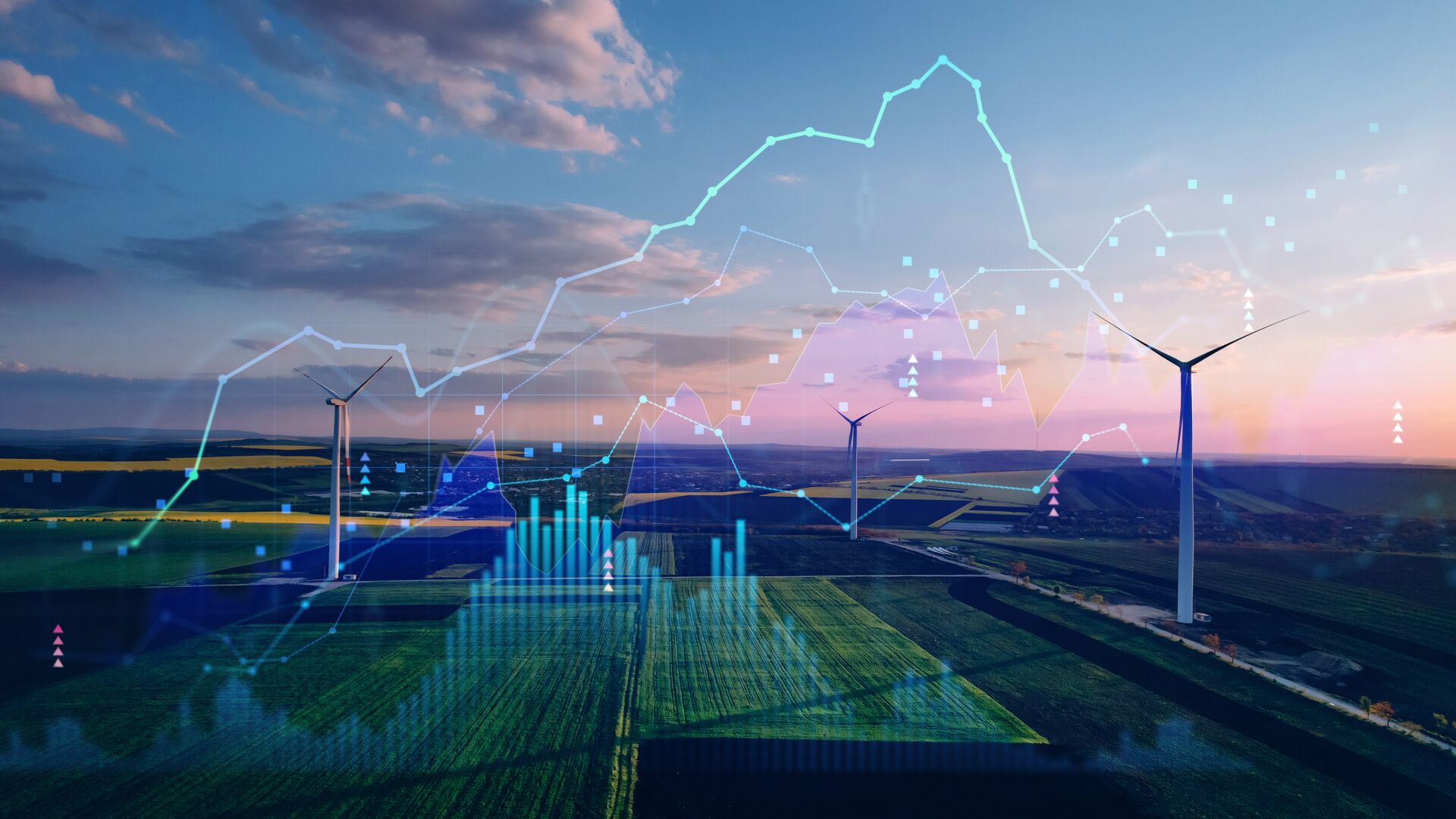 Das Bild zeigt eine Landschaft mit Windturbinen auf einem Feld unter einem teilweise bewölkten Himmel. Über das Bild sind verschiedene grafische Elemente gelegt, darunter Liniendiagramme und Balkendiagramme.