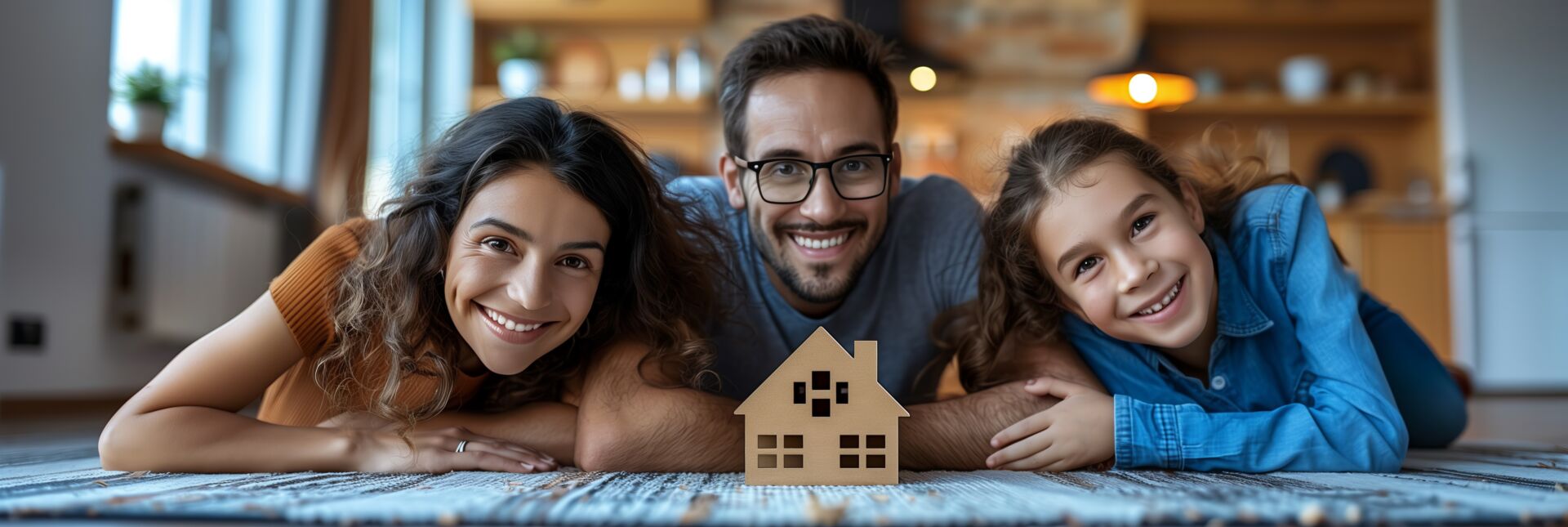 Das Bild zeigt drei Personen, die lachend auf einem Teppich liegen. Vor ihnen steht ein kleines Holzhausmodell.