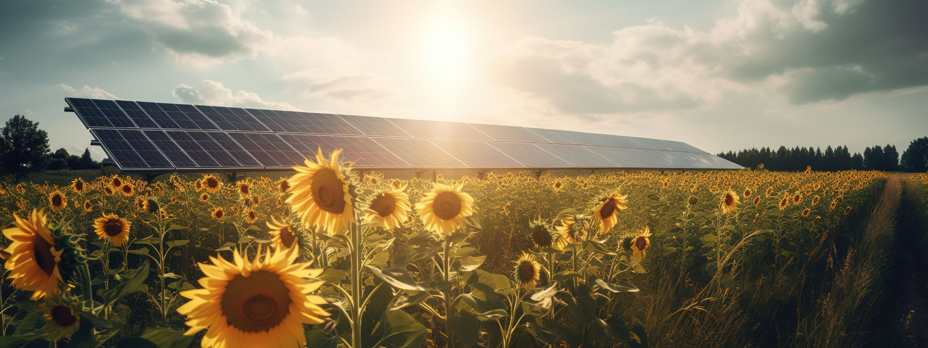 Das Bild zeigt ein Feld mit Sonnenblumen, im Hintergrund ist eine große Reihe von Solarpaneelen zu sehen. Die Sonne scheint hell und beleuchtet. Die Solarpaneele sind so positioniert, dass sie das Sonnenlicht einfangen.